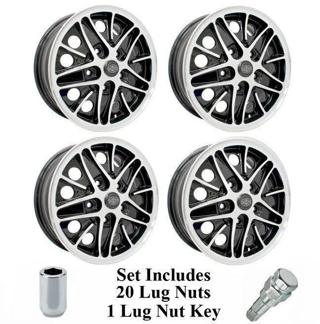 Set Of 4 15" X 5-1/2" Vw Bus 5 Lug Black Empi Cosmo Wheels & Lug Bolts