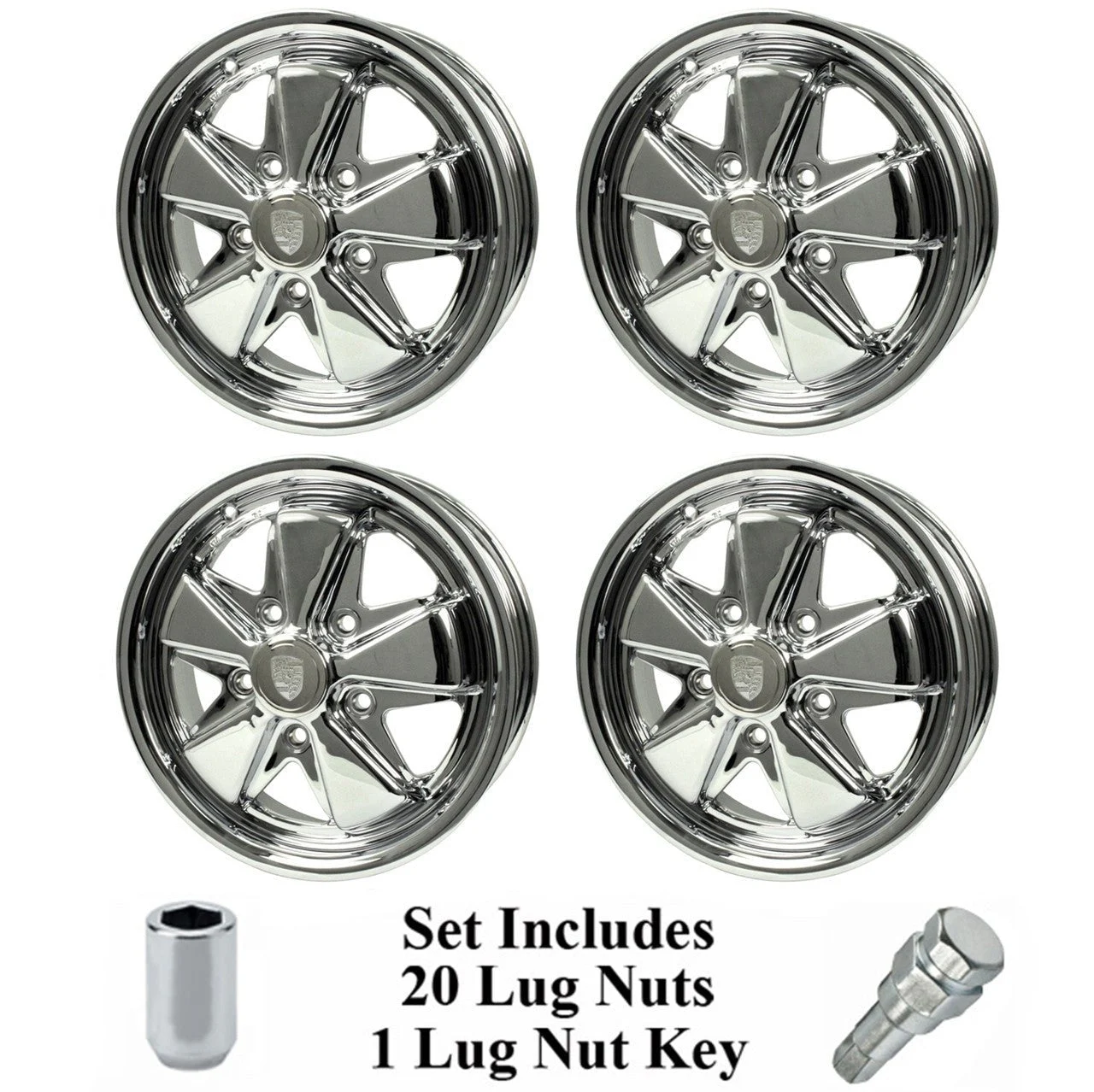 Set Of 4 15" X 5-1/2" Vw Bus 5 Lug Chrome Empi 911 Alloy Wheels & Lugs