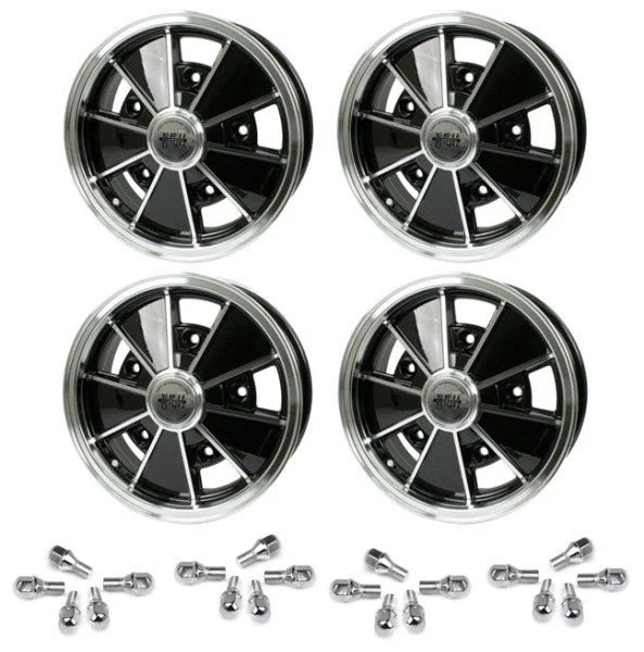 Set Of 4 17" x 7" Vw Bug 5 Lug Black Empi BRM Wheels & Lug Bolts