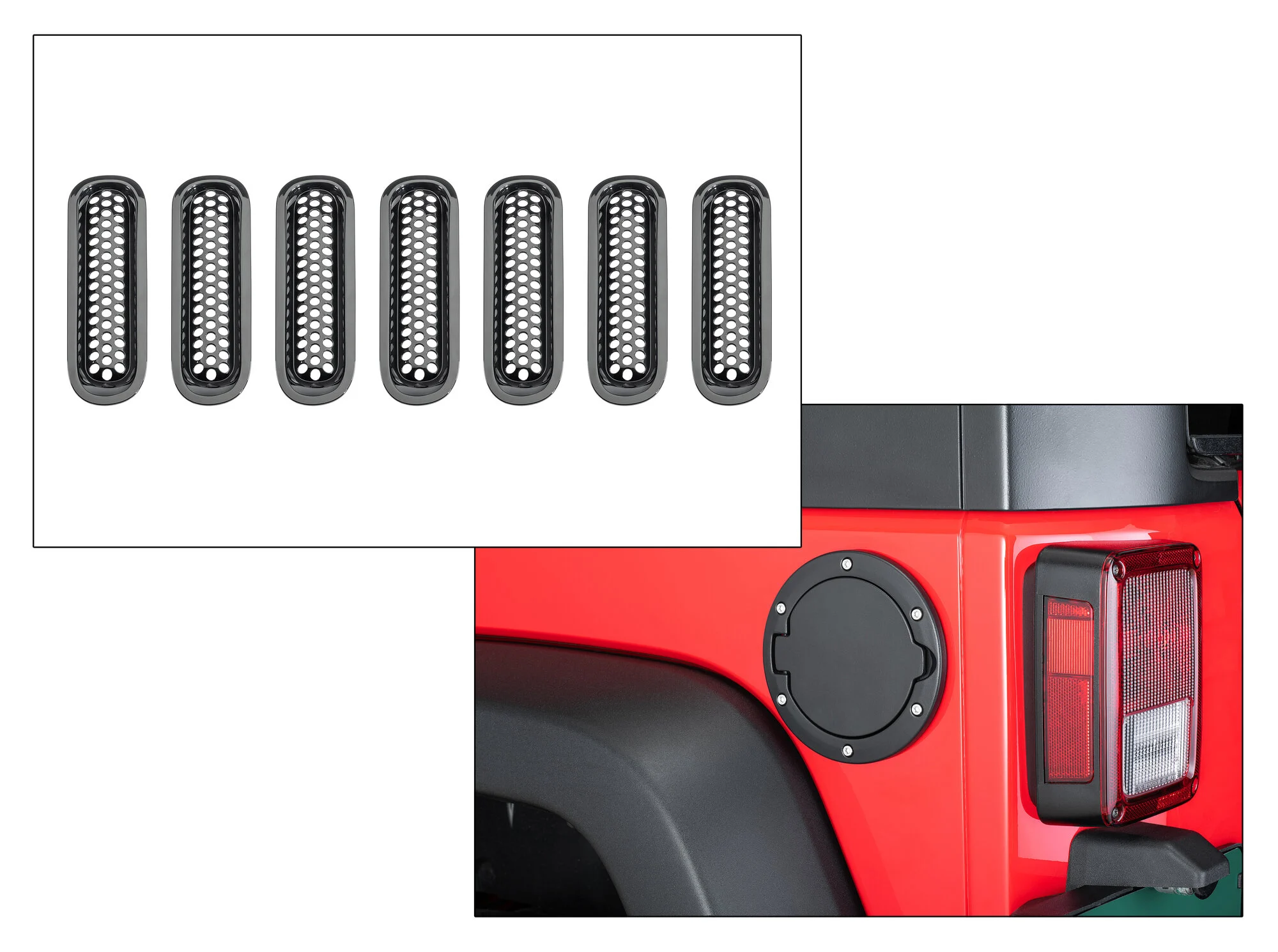 TACTIK  Snap-In Grille Inserts with Billet Aluminum Fuel Door for 07-18 Jeep Wrangler JK