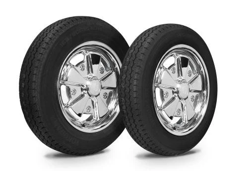 VW Bug Wheel & Tire Package, Staggered, Yokohama Tires & EMPI 5 Lug Alloy Chrome Wheels Set Of 4