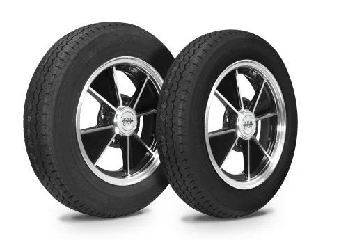 VW Bug Wheel & Tire Package, Yokohama Tires and EMPI 4 Lug Staggered, Black/Polished Wheels Set Of 4