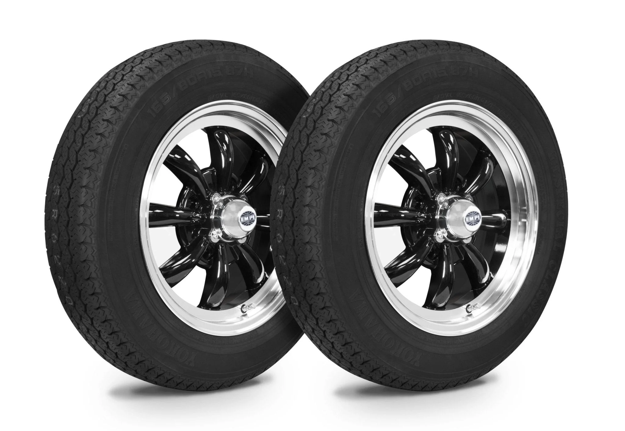 VW Bug Wheel & Tire Package, Yokohama Tires & EMPI 4 Lug 8 Spoke Black/Polished Wheels. Set Of 4