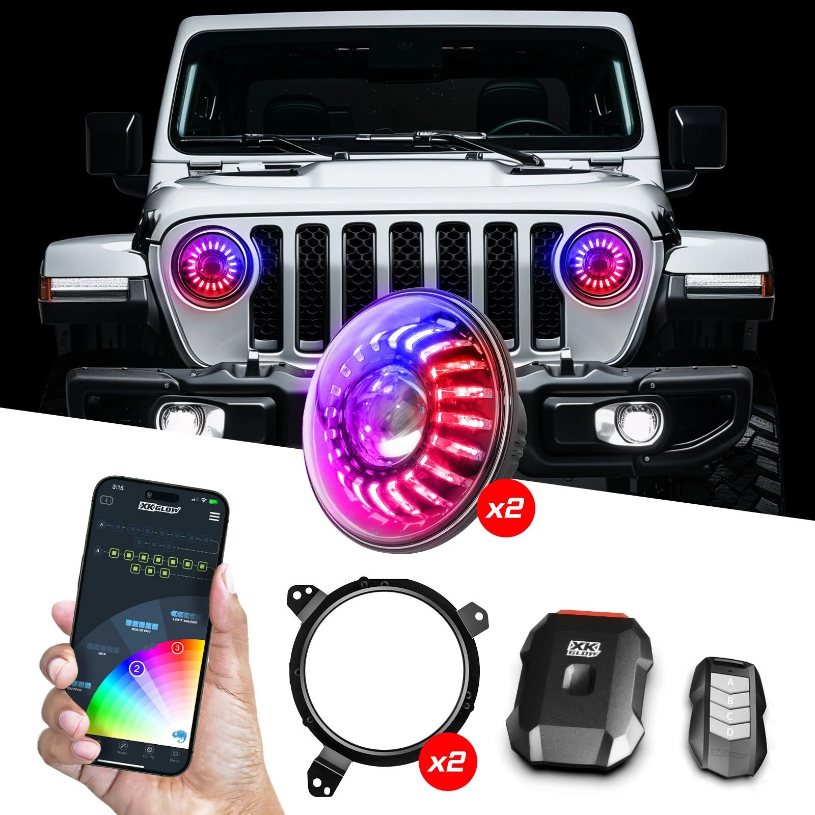 XKGLOW MX-7IN-JP-KIT-JL 7" Headlight XKmax RGBW 19-Pres Kit with Mounting Brackets & App Control 2pc for 19-26 Jeep Wrangler JL & Gladiator JT